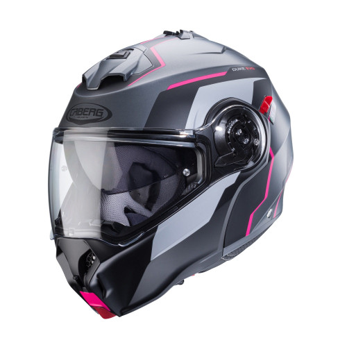 Casca modulabila (flip-up) Caberg model Duke Evo Move M1 SV gun metal (titanium)/negru/fuchsia (roz) mat Pinlock ready – lentila