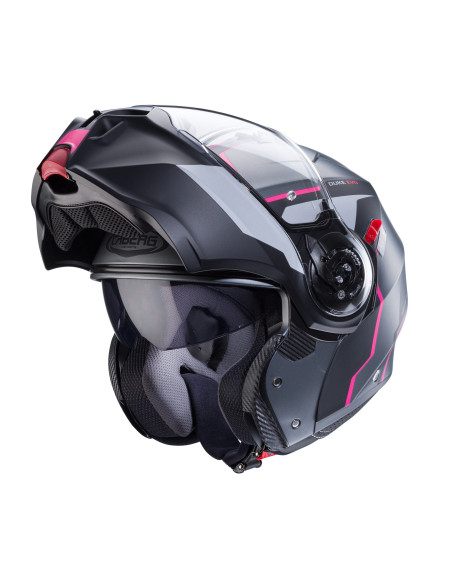 Casca modulabila (flip-up) Caberg model Duke Evo Move M1 SV gun metal (titanium)/negru/fuchsia (roz) mat Pinlock ready – lentila