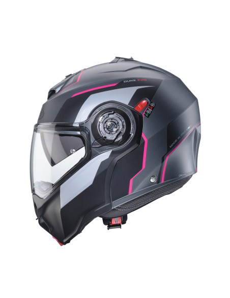 Casca modulabila (flip-up) Caberg model Duke Evo Move M1 SV gun metal (titanium)/negru/fuchsia (roz) mat Pinlock ready – lentila