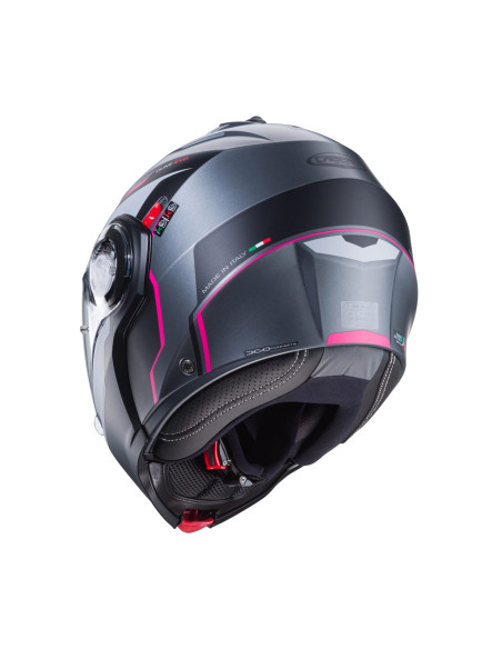 Casca modulabila (flip-up) Caberg model Duke Evo Move M1 SV gun metal (titanium)/negru/fuchsia (roz) mat Pinlock ready – lentila