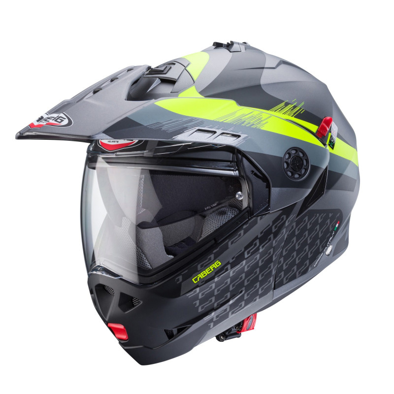 Casca modulabila (flip-up)/adventure Caberg model Tourmax X SV Sarabe L1 gun metal (titanium)/negru/galben fluor mat Pinlock rea