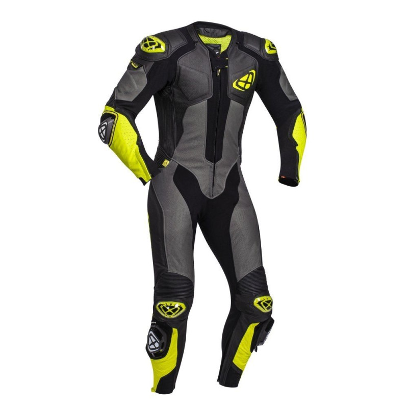 Costum (combinezon) motociclete barbati piele Ixon vara model Vendetta Evo MS culoare: negru/antracit/galben