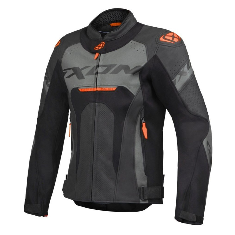 Geaca (jacheta) motociclete barbati piele Racing Ixon vara model Jackal JKT MS culoare: negru/antracit/portocaliu