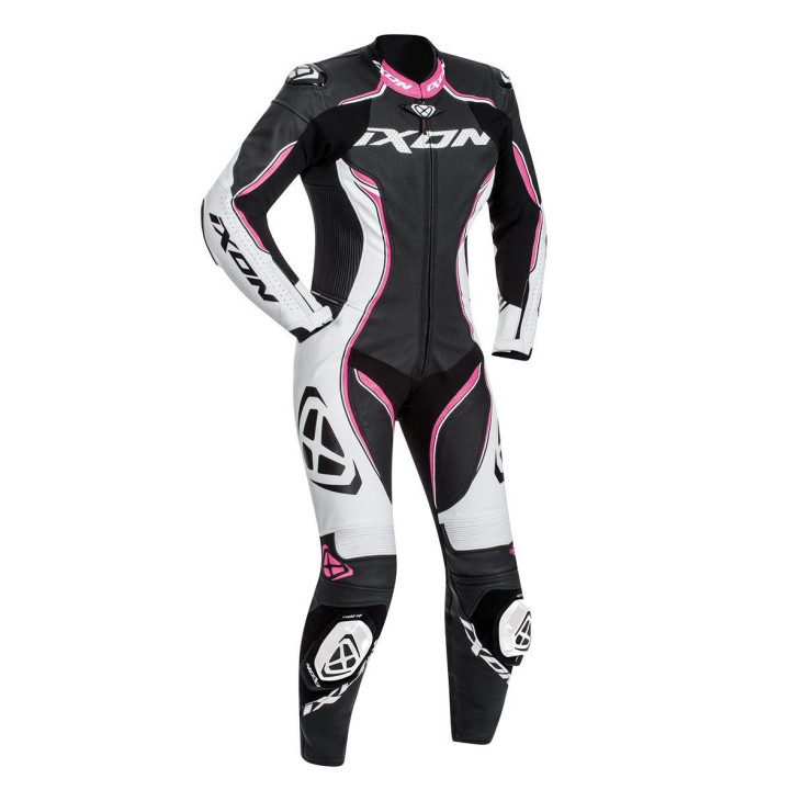 Costum (combinezon) motociclete femei piele Ixon vara model Vortex Lady LS culoare: negru/alb/fucshsia (roz)