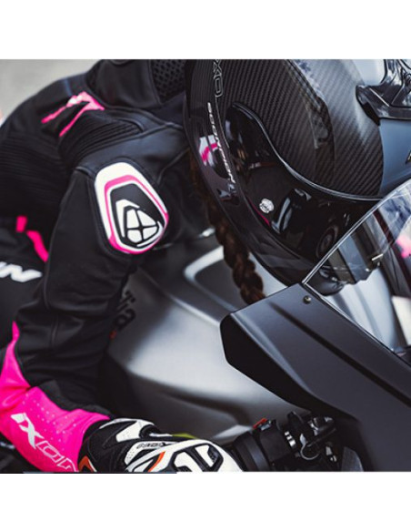 Geaca (jacheta) motociclete femei piele Racing Ixon vara model Vortex 3 LS culoare: negru/roz/alb