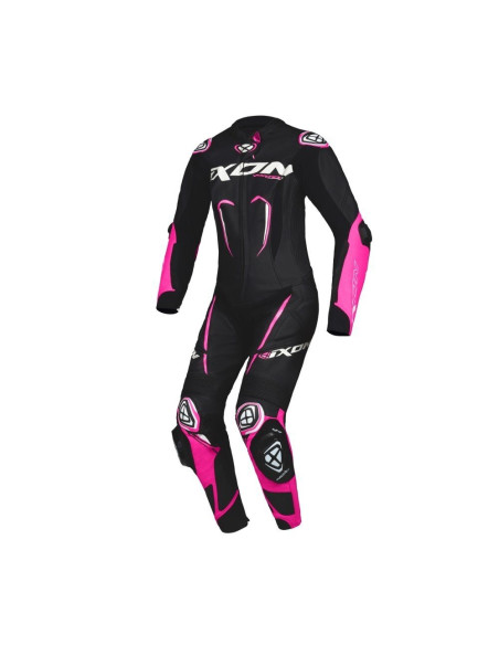 Costum (combinezon) motociclete femei piele Ixon vara model Vortex 3 LS culoare: negru/roz/alb
