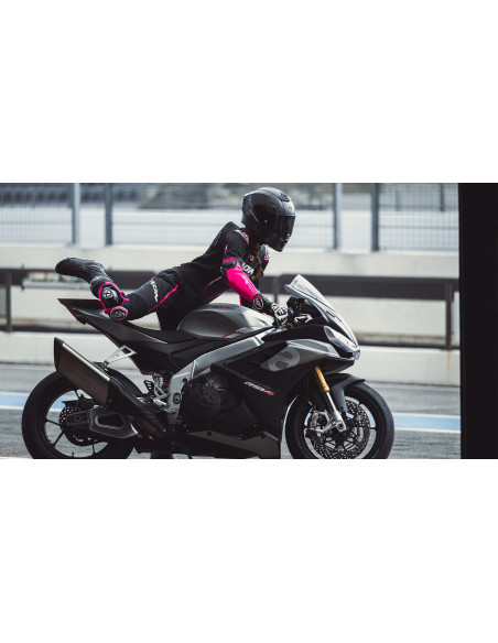 Costum (combinezon) motociclete femei piele Ixon vara model Vortex 3 LS culoare: negru/roz/alb