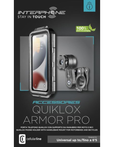 Suport telefon Interphone model Quiklox Armor Pro - carcasa universala - montaj pe ghidon - waterproof - diagonala maxima smartp