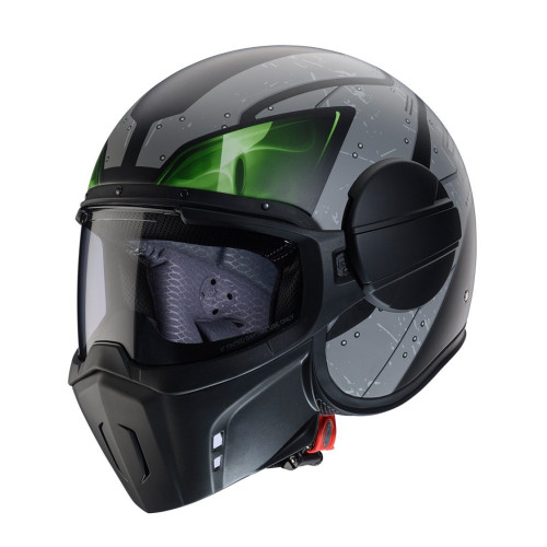 Casca Caberg model Ghost X Vyrus P7 negru/gri/verde fluor mat - fibra de sticla - omologare noua ECE 22.06
